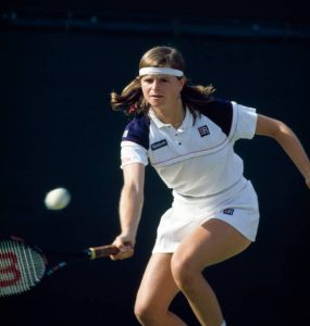 Hana Mandlikova of Czechoslovakia in action during a women's singles match at the Wimbledon Lawn Tennis Championships in London, circa July, 1984. Mandlikova was defeated in the semi-finals by Chris Evert-Lloyd of the USA in straight sets. (Photo by Eileen Langsley/Popperfoto via Getty Images/Getty Images)